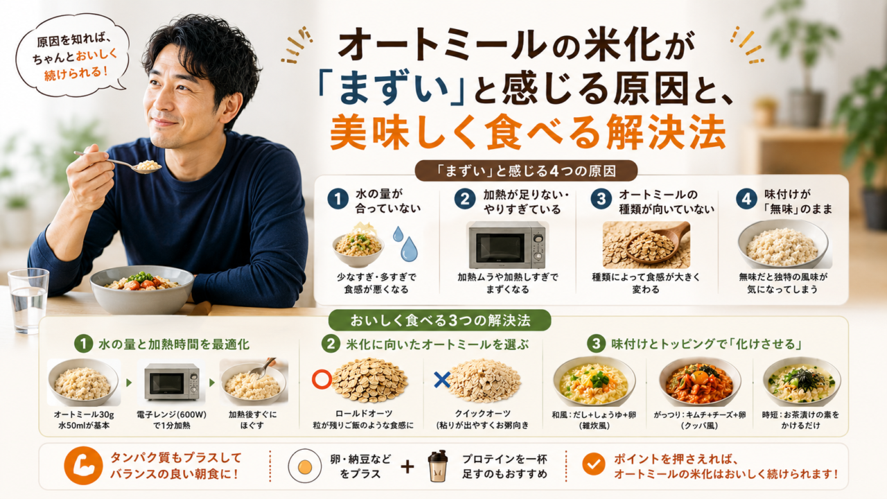 オートミールの米化が「まずい」と感じる4つの原因（水の量・加熱・種類・味付け）と、美味しく食べる3つの解決法をまとめた図解