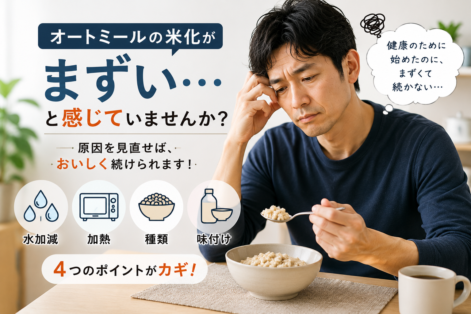 オートミールの米化がまずいと感じていませんか。水加減・加熱・種類・味付けの4つのポイントがカギになることを示した図解