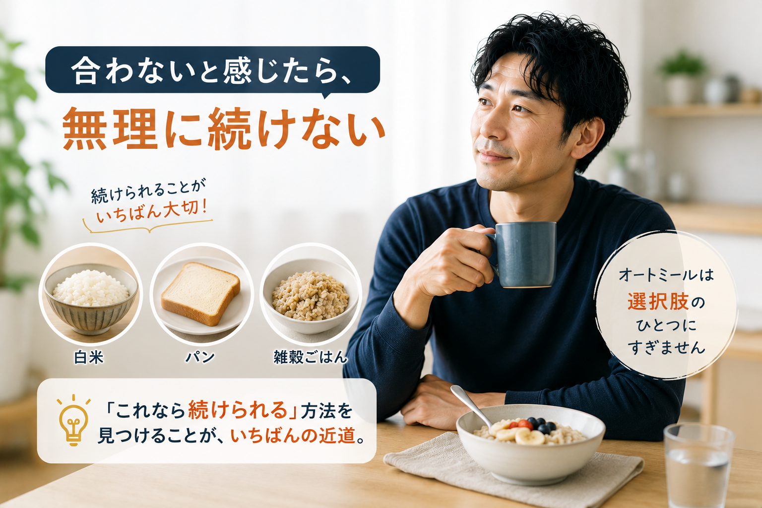オートミールが合わないと感じたら無理に続けない。白米・パン・雑穀ごはんなど続けられる主食を選ぶことが大切という図解