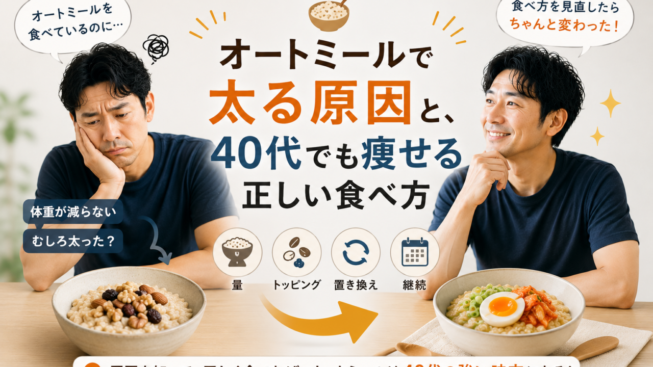 オートミールで太る原因と40代でも痩せる正しい食べ方。量・トッピング・置き換え・継続の4つがポイントであることを示した図解