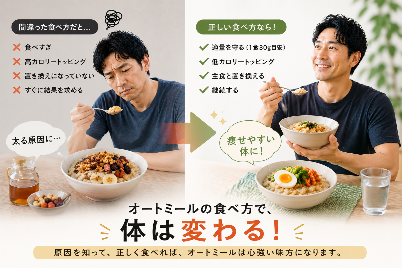 オートミールの間違った食べ方（食べすぎ・高カロリートッピング・置き換え不足・短期で諦める）と正しい食べ方を比較し、食べ方で体は変わることを示した図解