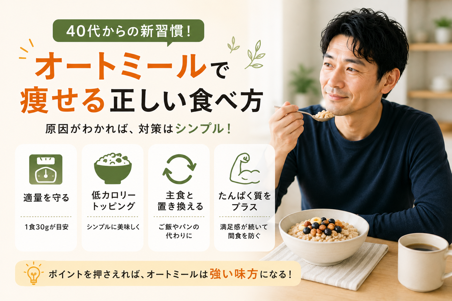40代からオートミールで痩せる正しい食べ方。適量を守る・低カロリートッピング・主食と置き換える・たんぱく質をプラスの4つのポイントを示した図解