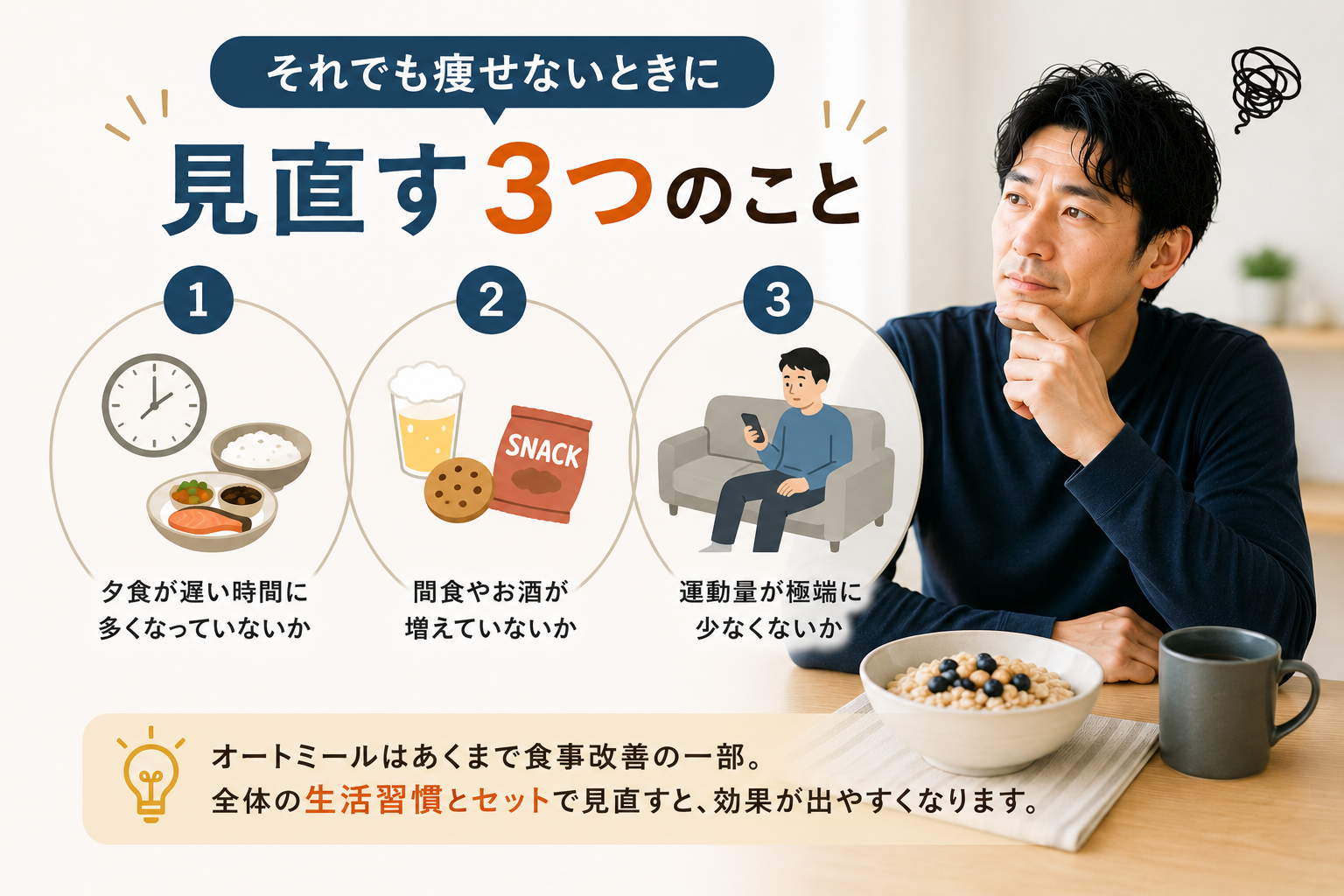 オートミールでそれでも痩せないときに見直す3つのこと。夕食の時間・間食やお酒・運動量を確認することを示した図解