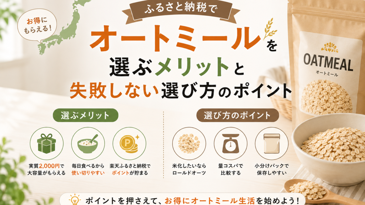 ふるさと納税でオートミールを選ぶメリット（実質2000円で大容量・毎日使い切れる・楽天ポイントが貯まる）と失敗しない選び方（ロールドオーツ・量コスパ・小分けパック）を示した図解