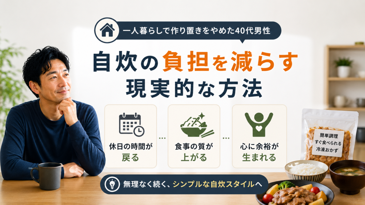 一人暮らしで作り置きをやめた40代男性が自炊の負担を減らす現実的な方法を考えている様子