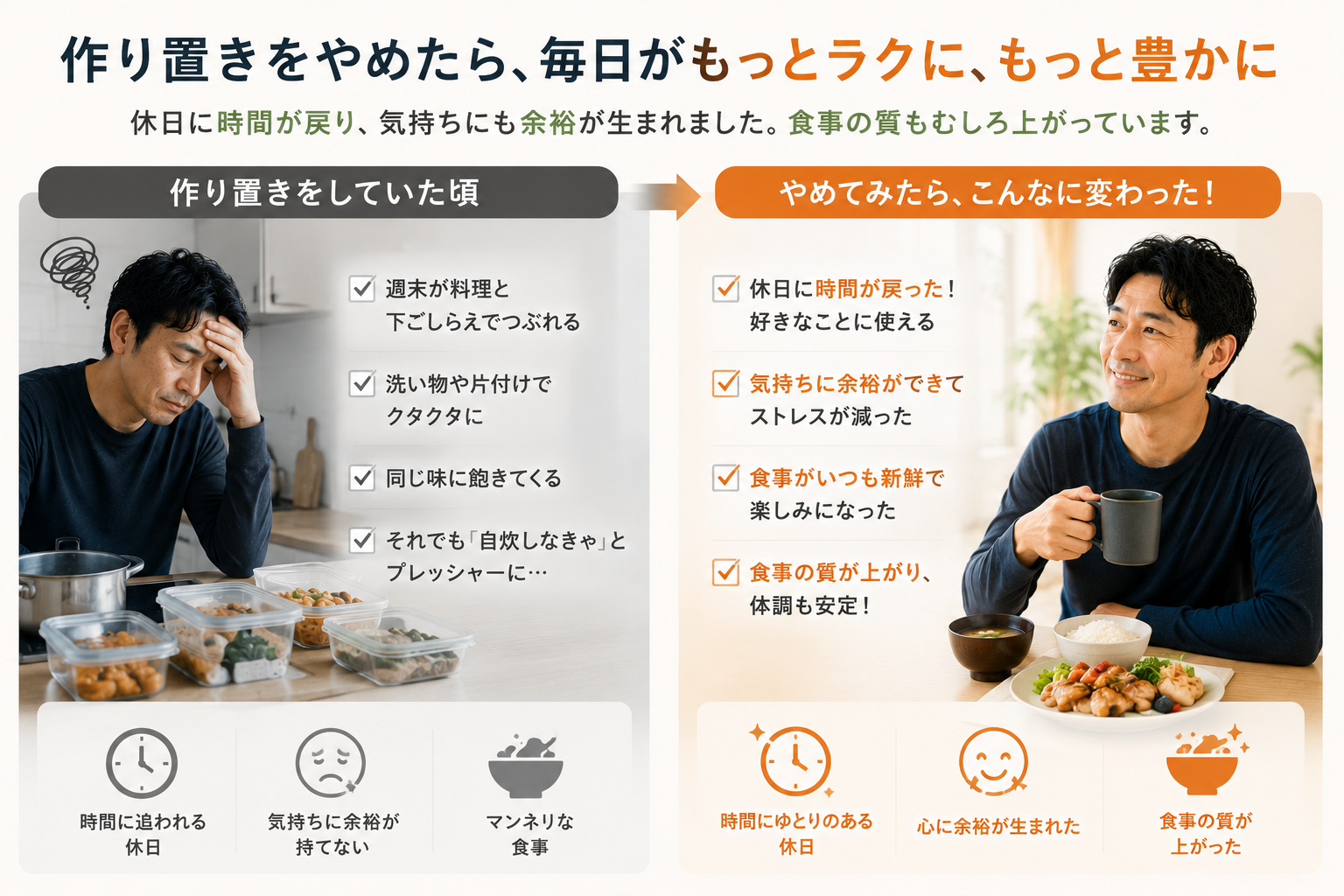 作り置きをやめた前後の比較。休日の時間が戻り、気持ちに余裕が生まれ、食事の質が上がった変化