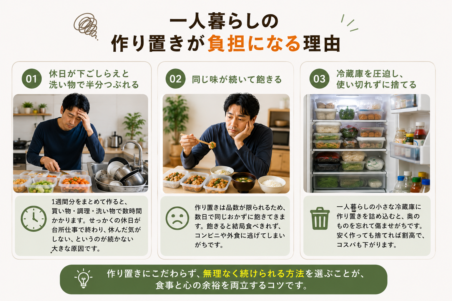 一人暮らしの作り置きが負担になる3つの理由。下ごしらえと洗い物・同じ味に飽きる・冷蔵庫を圧迫して捨てる