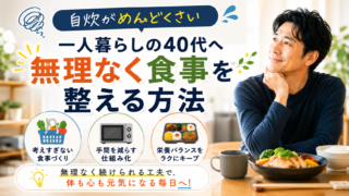 自炊がめんどくさい一人暮らしの40代男性が無理なく食事を整える方法を考えている様子
