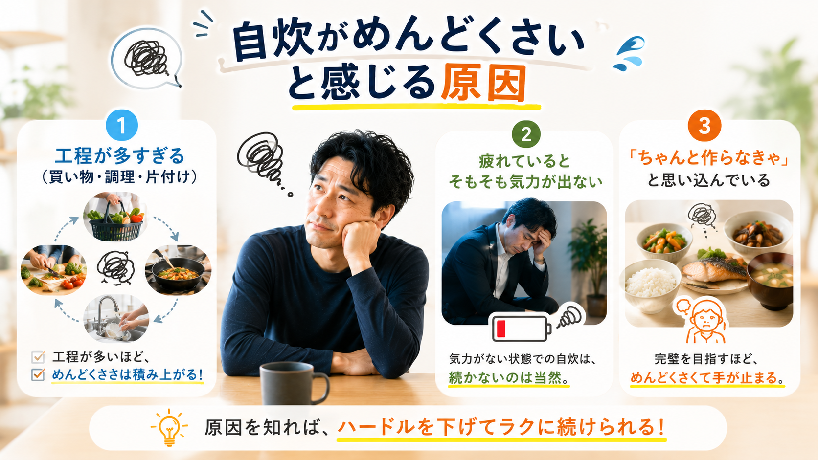 自炊がめんどくさいと感じる3つの原因。工程が多すぎる・疲れて気力が出ない・ちゃんと作らなきゃと思い込む