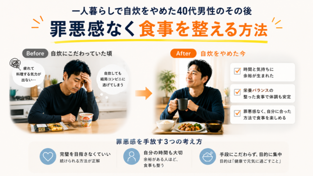 一人暮らしで自炊をやめた40代男性のその後。罪悪感なく食事を整える方法のビフォーアフター
