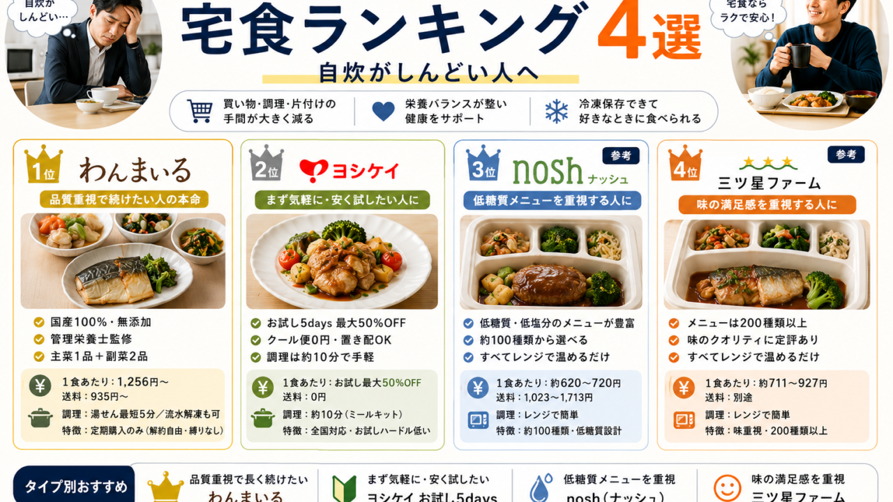 40代一人暮らし男性におすすめの宅食ランキング4選。わんまいる・ヨシケイ・nosh・三ツ星ファームの比較