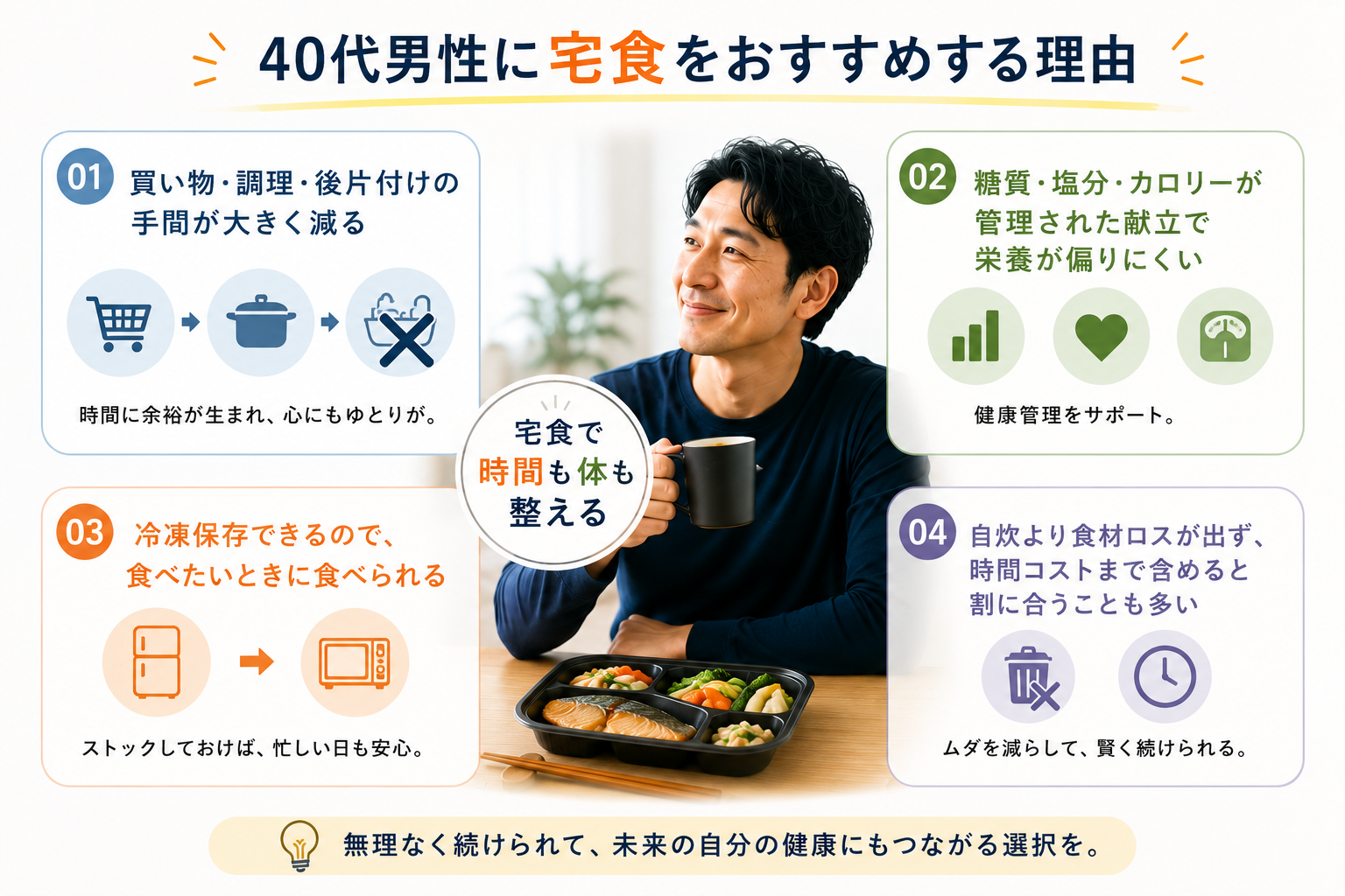 40代男性に宅食をおすすめする4つの理由。手間が減る・栄養が偏りにくい・冷凍ストックできる・食材ロスがなく割に合う