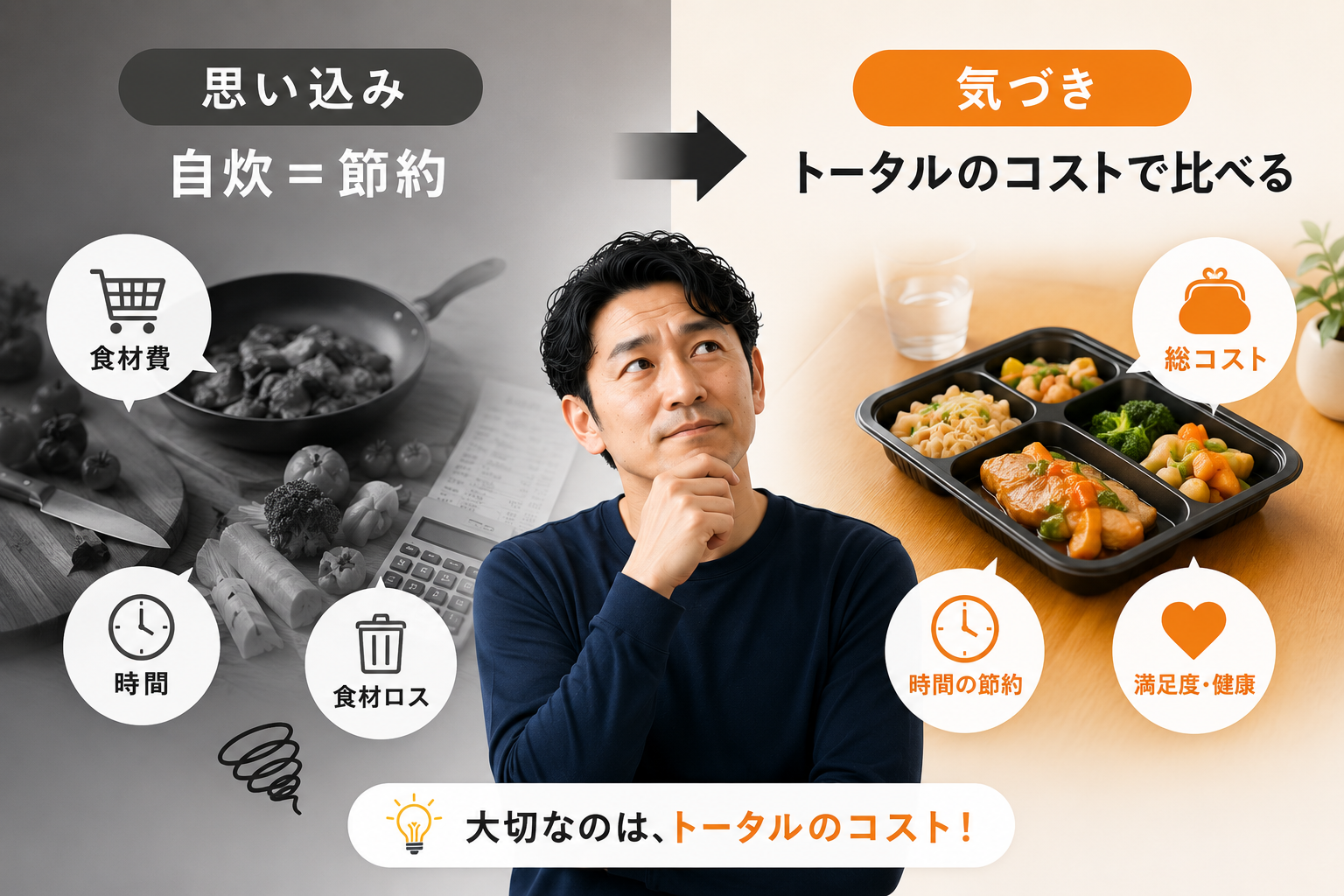 自炊＝節約という思い込みから、食材費だけでなく時間や食材ロスも含めたトータルのコストで比べるという気づきへ変わる図