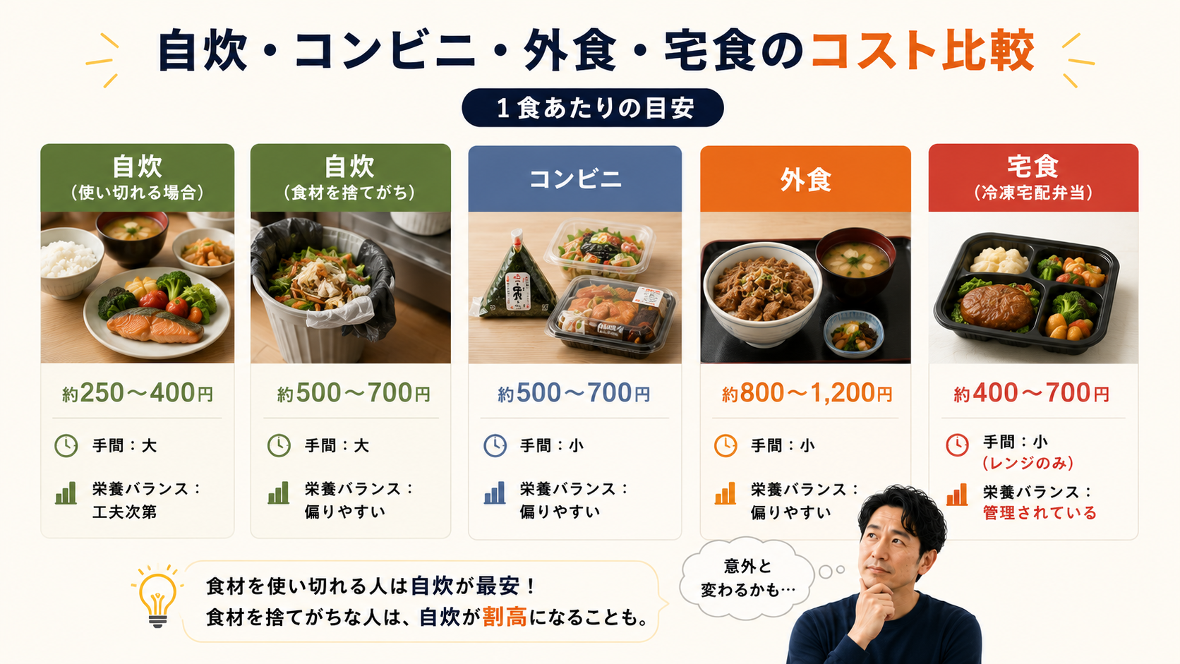 自炊・コンビニ・外食・宅食の1食あたりコスト比較表。食材を使い切れる自炊が最安、捨てがちな自炊はコンビニと同等か割高になる