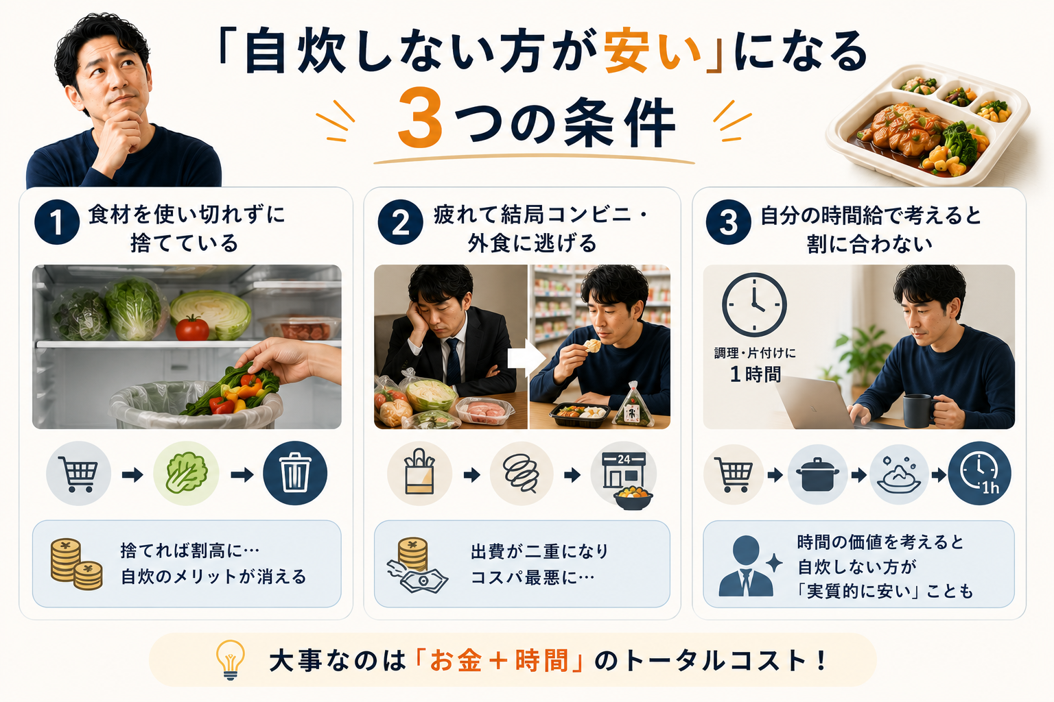 「自炊しない方が安い」になる3つの条件。食材を捨てている・疲れて外食に逃げる・時間給で割に合わない