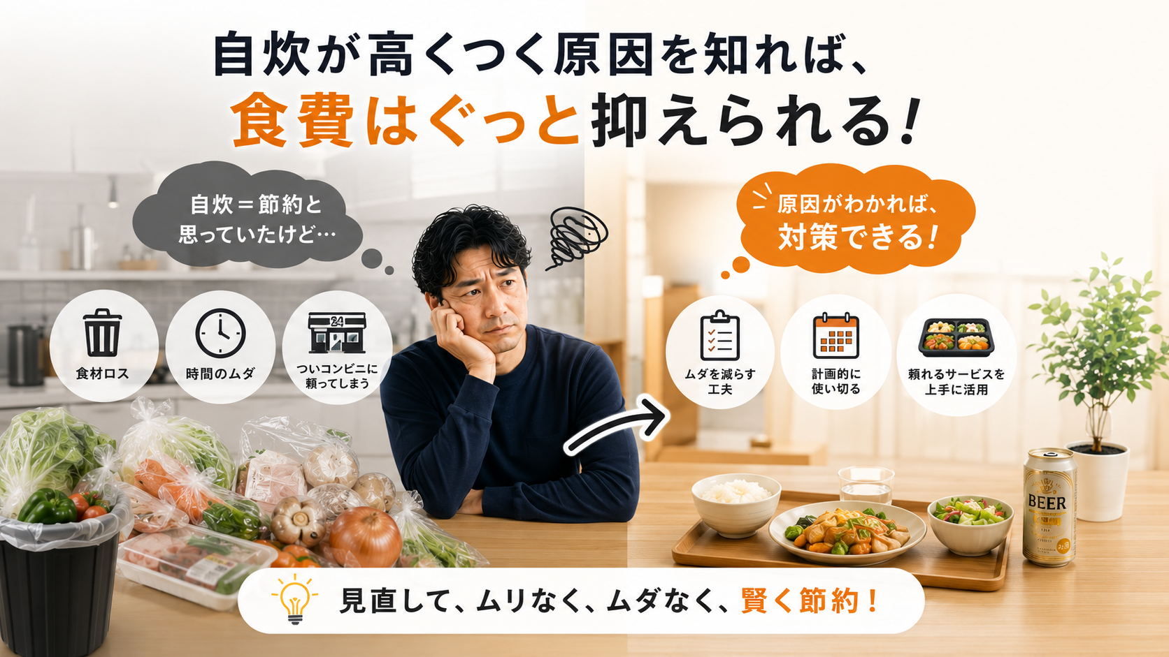 自炊が高くつく原因（食材ロス・時間のムダ・コンビニ依存）を知れば、ムダを減らす工夫や使い切りで食費を抑えられることを示す図