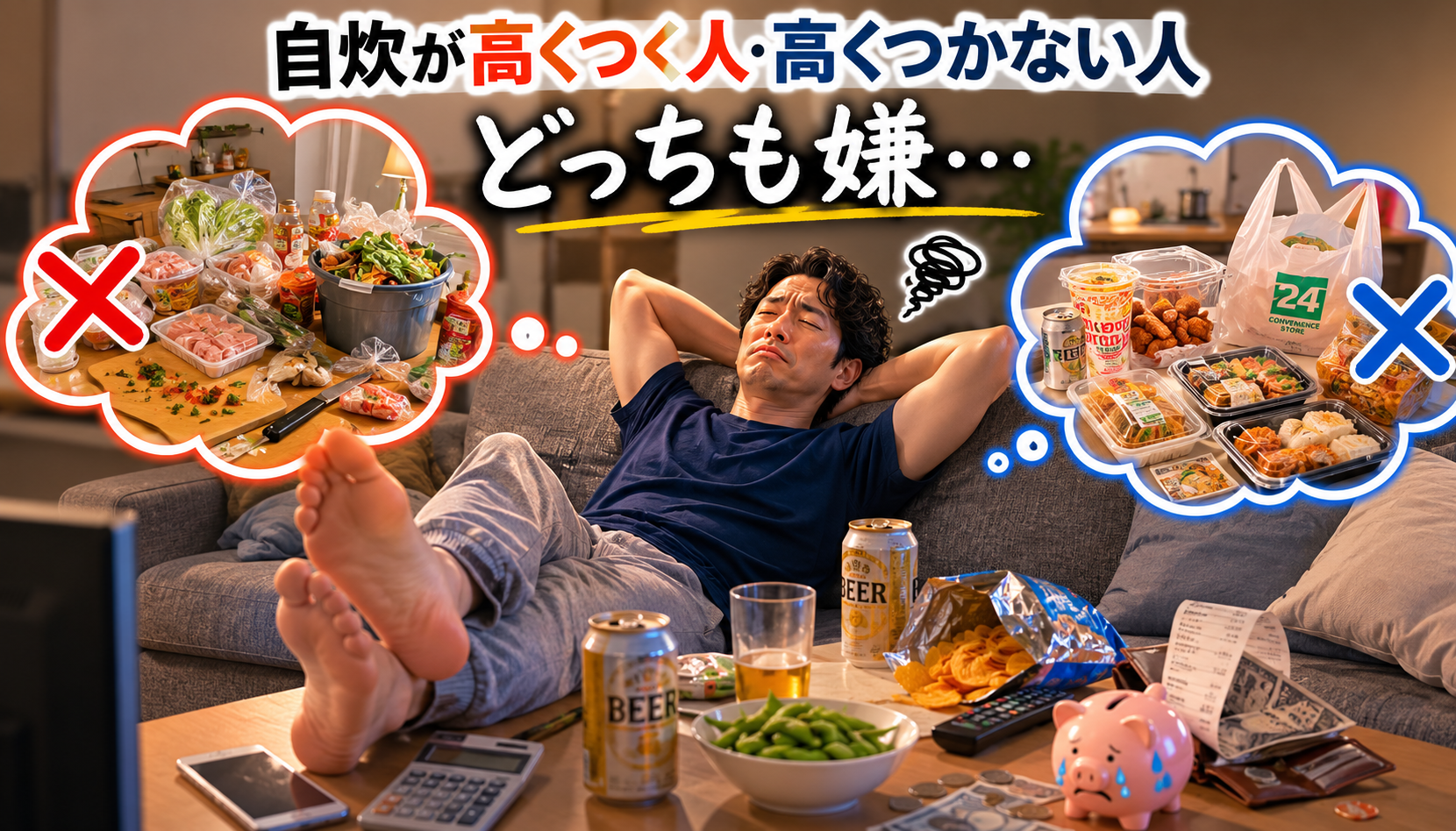 自炊が高くつく人と高くつかない人。食材を余らせる自炊もコンビニ頼りもどちらも避けたい状態を表すイメージ