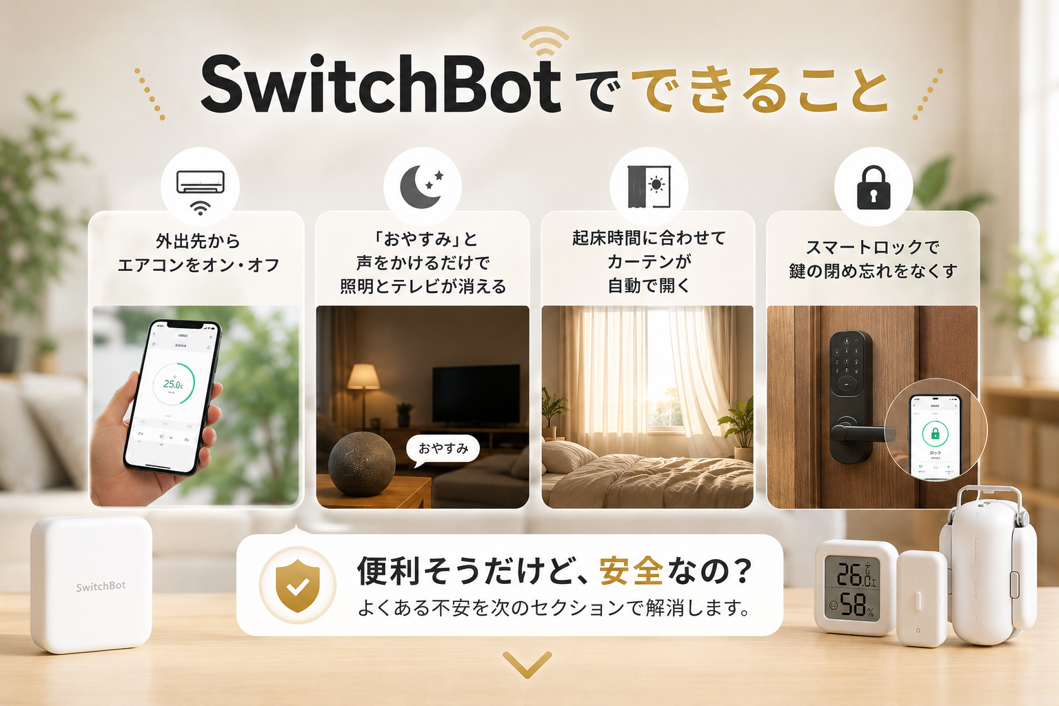 SwitchBotでできること4選。外出先からエアコン操作、声で照明とテレビをオフ、起床時間に合わせてカーテンが自動で開く、スマートロックで鍵の閉め忘れをなくす機能を図解