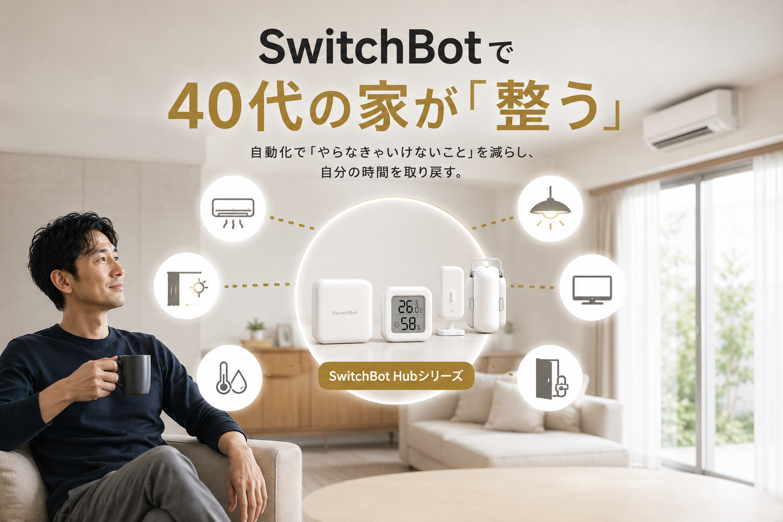 SwitchBotで40代の家が整うイメージ図。40代男性がリラックスしてコーヒーを飲み、SwitchBot Hubシリーズがエアコン・照明・テレビ・カーテン・温湿度計・ドアロックを自動連携している様子