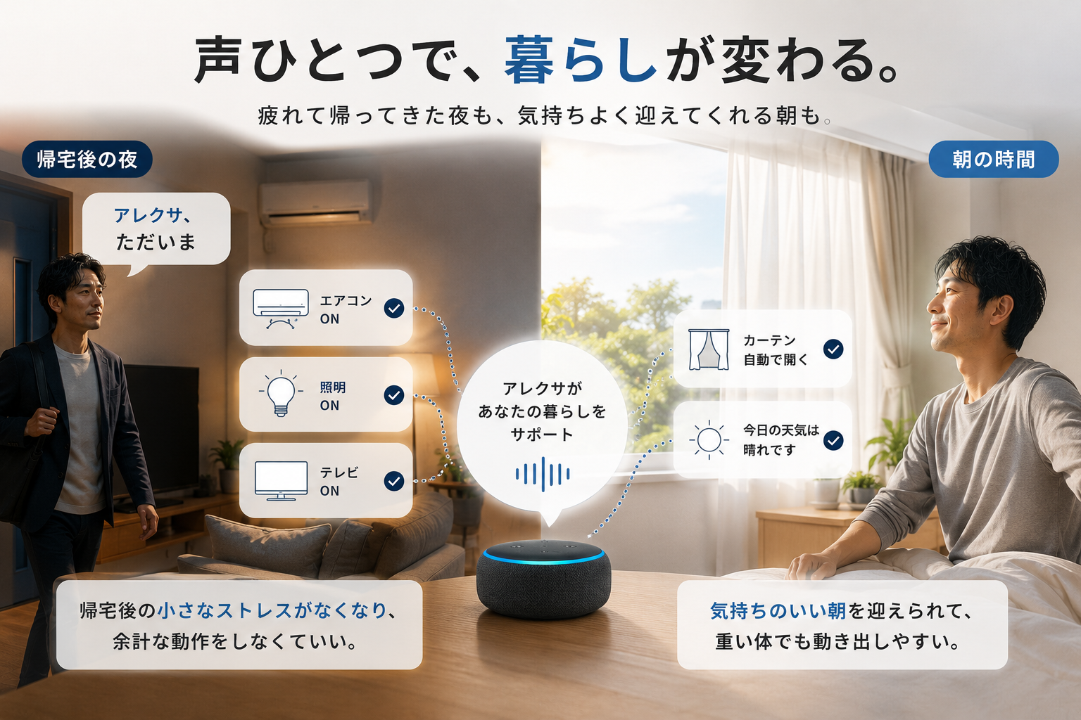 SwitchBotとアレクサ連携の活用シーン。帰宅後「アレクサ、ただいま」でエアコン・照明・テレビが一括オン。朝はカーテンが自動で開く様子を示した図解
